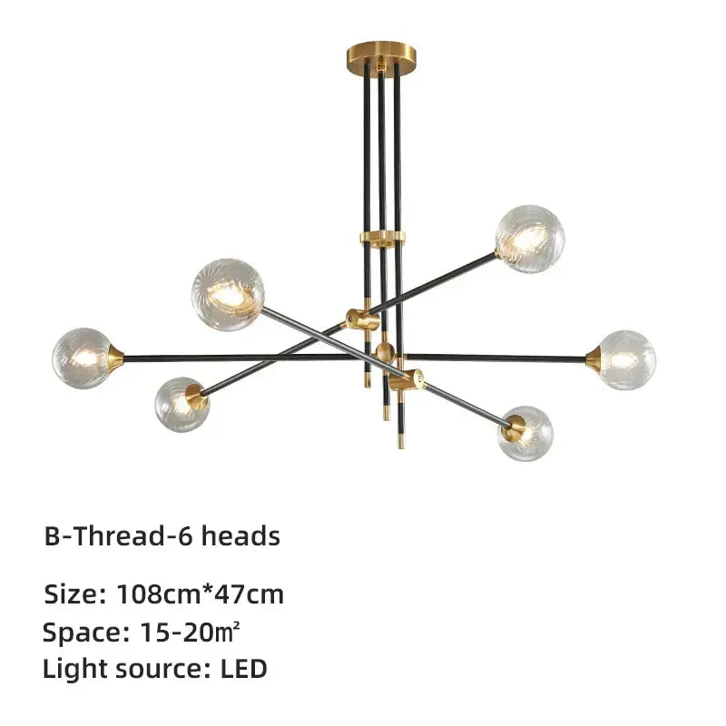 Brass Glass Ball 6-Head Geometric Chandelier