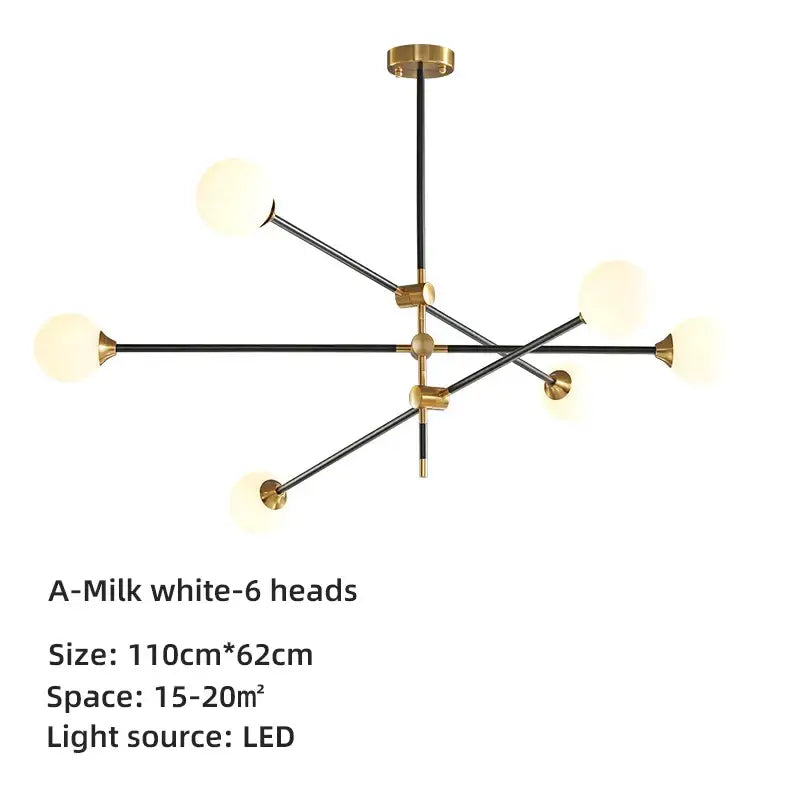 Brass Glass Ball 6-Head Geometric Chandelier