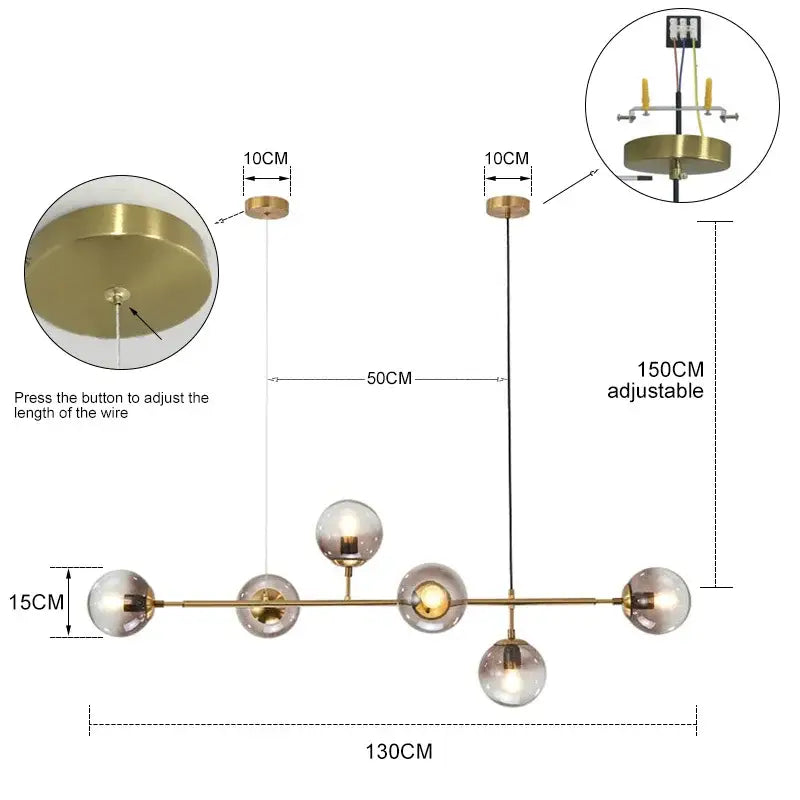 Brass Glass Ball Chandelier 150cm Hanging Cord