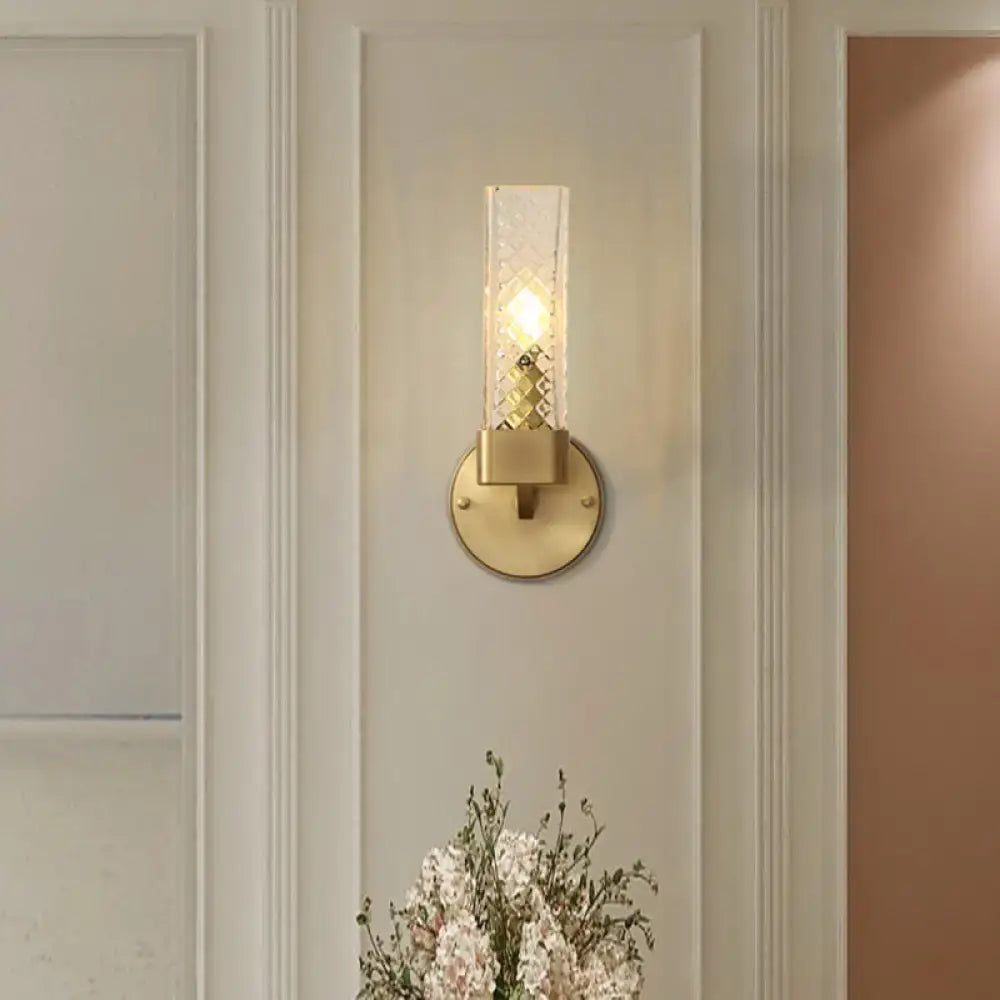 Brass Cubic Wall Lamp Lattice Glass Shade
