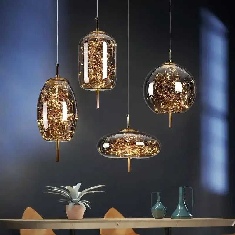 Amber Glass Pendant Light With Brass Finish