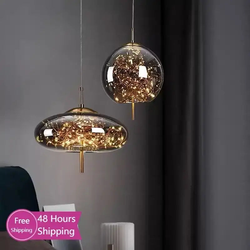Amber Glass Pendant Light With Brass Finish