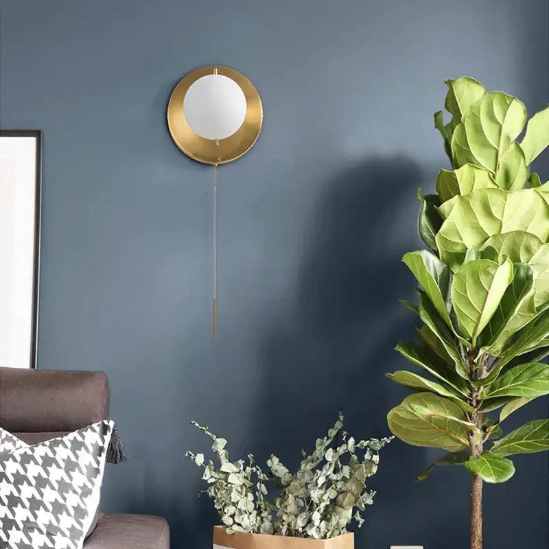 Brass Glass Round Wall Lamp With Pull Chain
