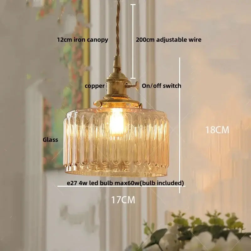Brass Ribbed Glass Pendant Lamp