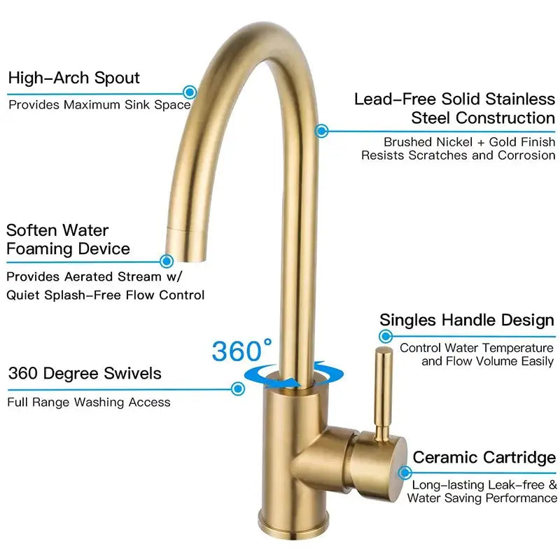 Gold Curved Kitchen Faucet Stainless Steel Body
