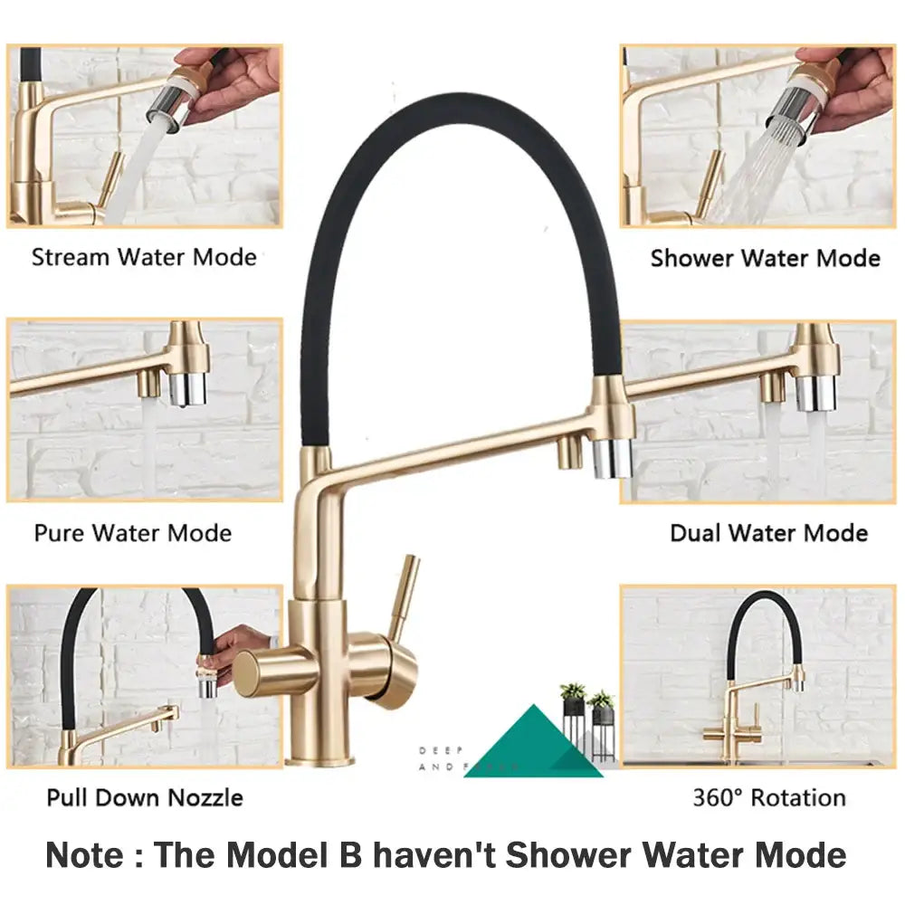 Gold Swivel Kitchen Faucet with Black Rubber Hose