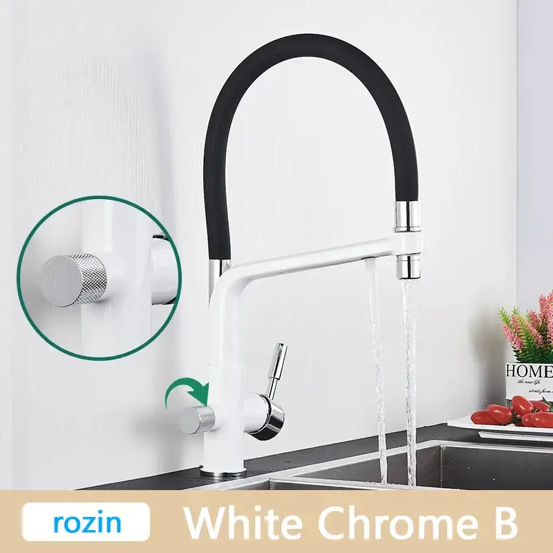 Gold Swivel Kitchen Faucet with Black Rubber Hose