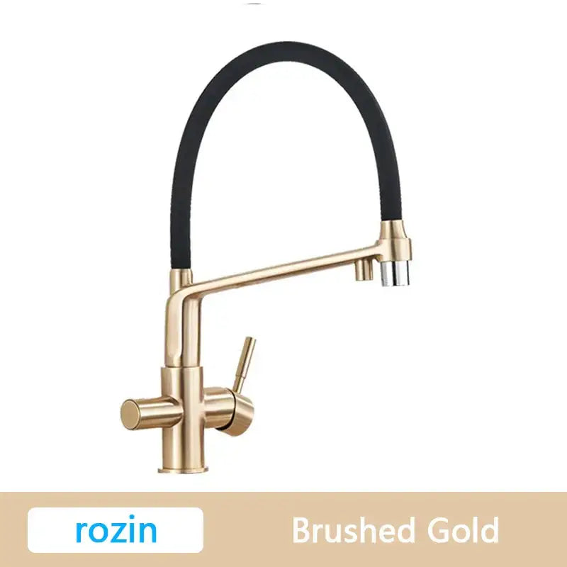 Gold Swivel Kitchen Faucet with Black Rubber Hose