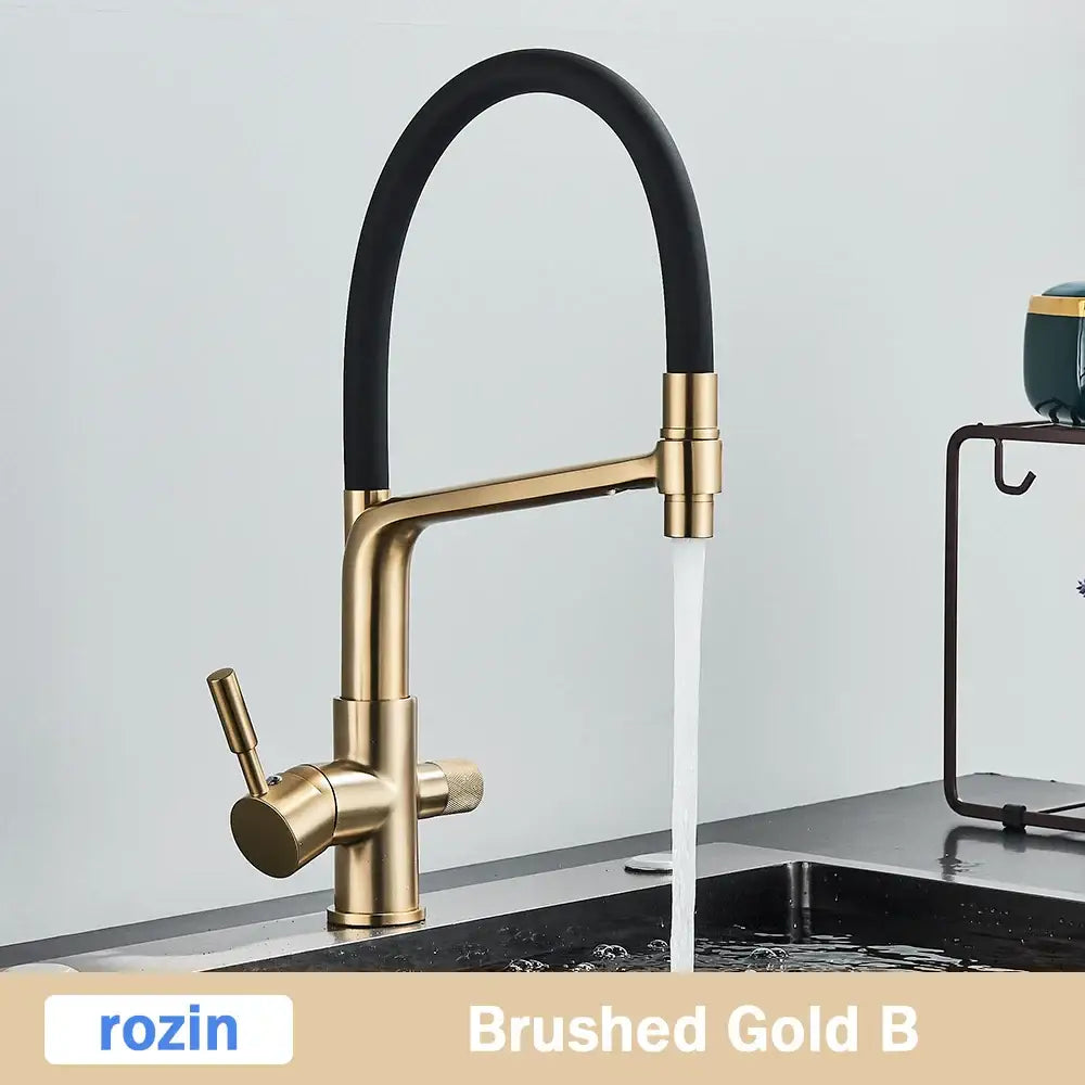 Gold Swivel Kitchen Faucet with Black Rubber Hose