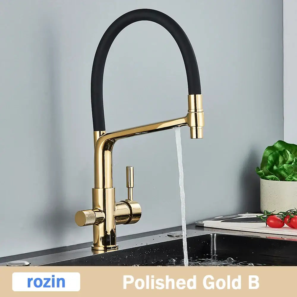 Gold Swivel Kitchen Faucet with Black Rubber Hose