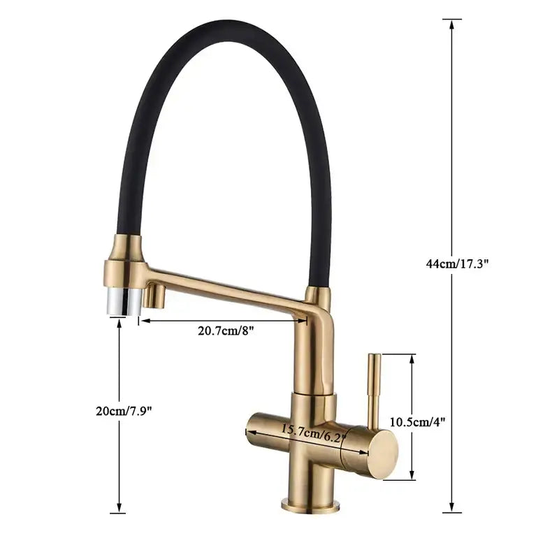 Gold Swivel Kitchen Faucet with Black Rubber Hose