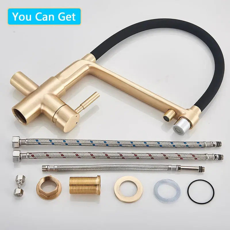 Gold Swivel Kitchen Faucet with Black Rubber Hose