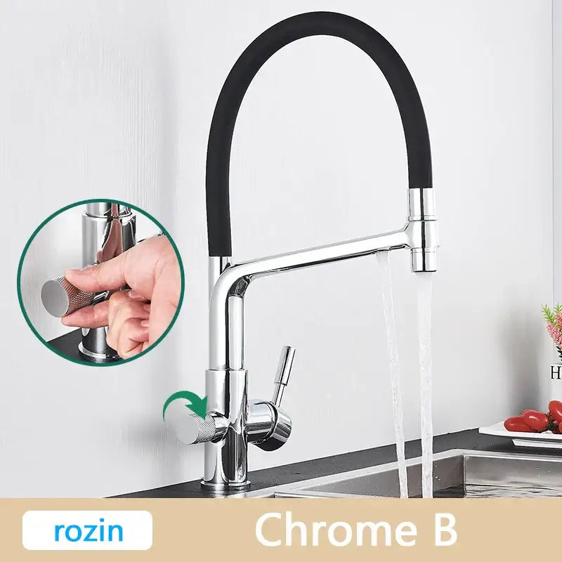 Gold Swivel Kitchen Faucet with Black Rubber Hose