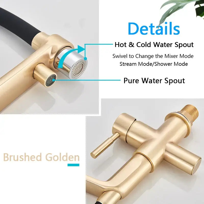 Gold Swivel Kitchen Faucet with Black Rubber Hose