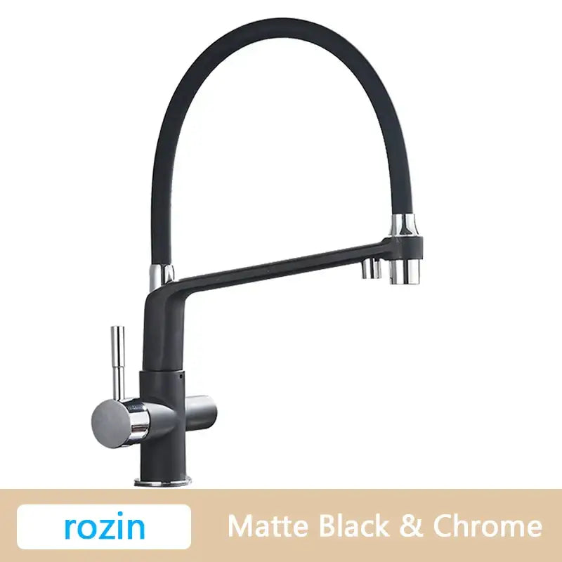 Gold Swivel Kitchen Faucet with Black Rubber Hose