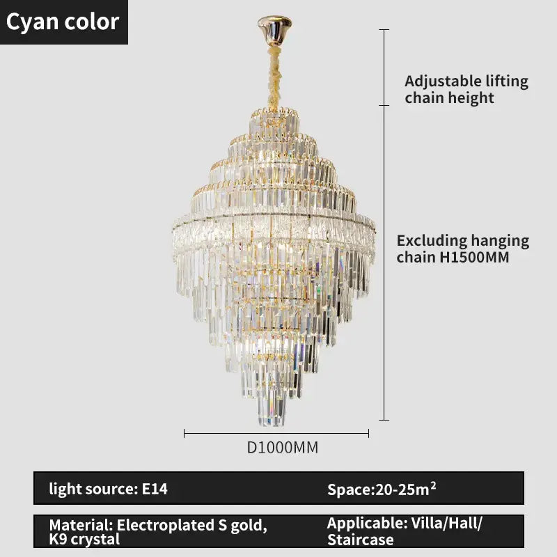 Gold Crystal Dining Chandelier Cyan or Cognac Glass