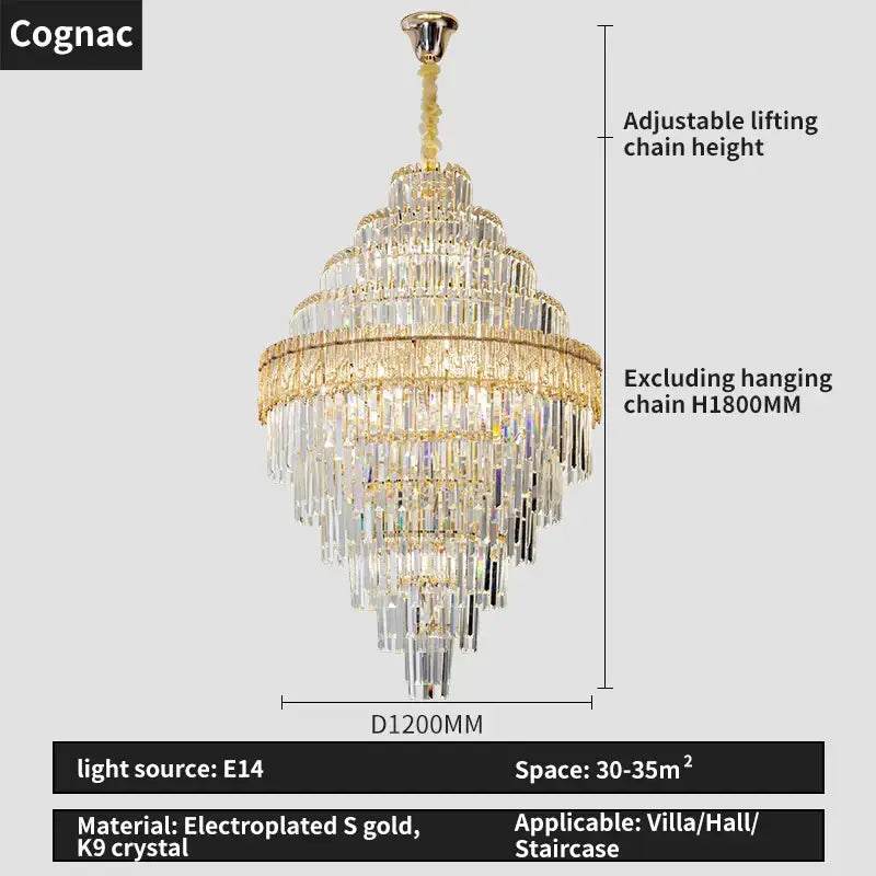 Gold Crystal Dining Chandelier Cyan or Cognac Glass