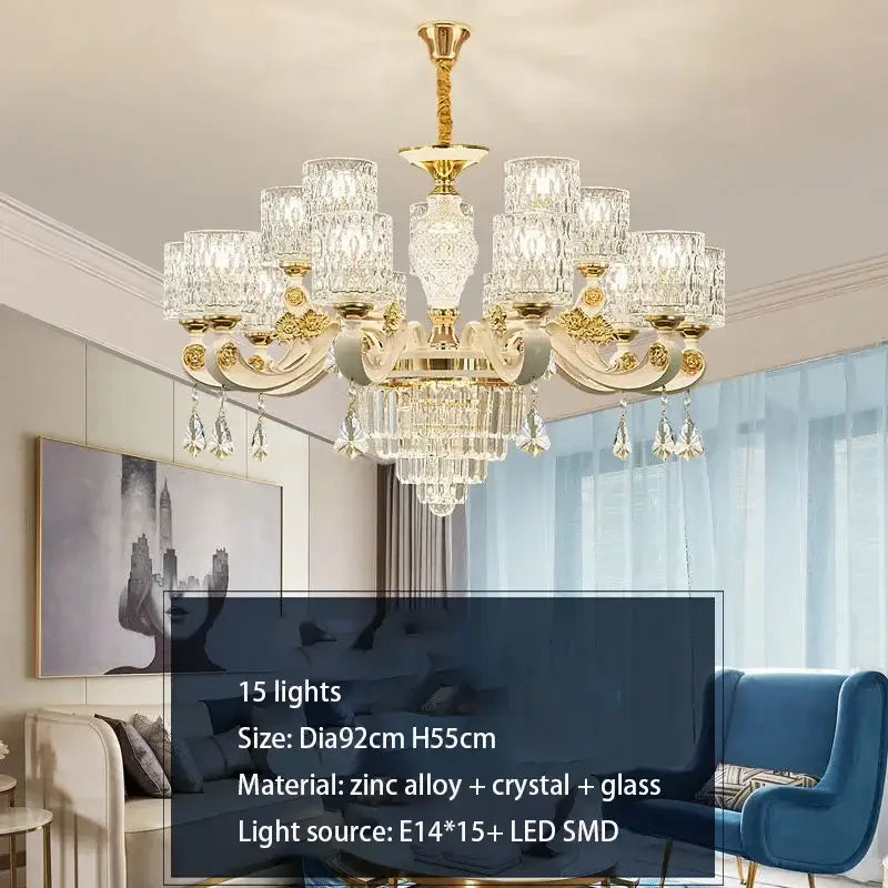 Gold Crystal European 15-Light Ceiling Chandelier