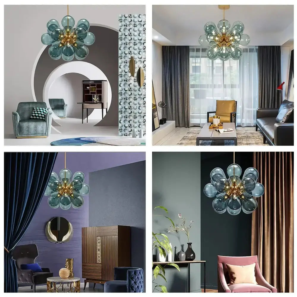 Teal Glass Pendant Light with Floral Design
