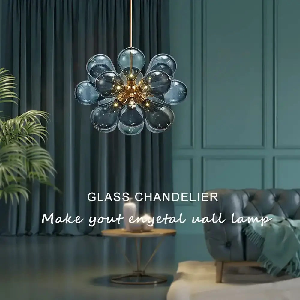 Teal Glass Pendant Light with Floral Design