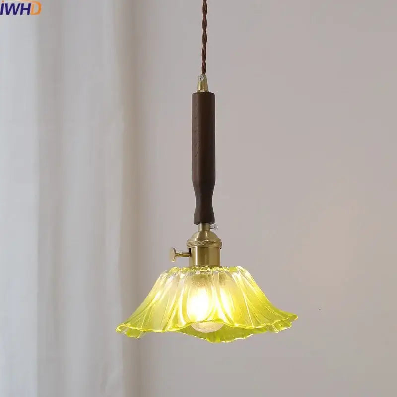 Yellow Glass Pendant Light with Walnut Copper Finish