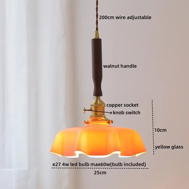 Yellow Glass Pendant Light with Walnut Copper Finish