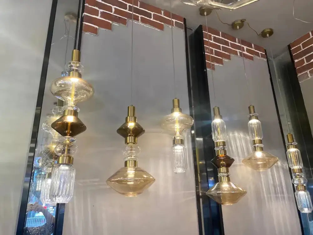 Amber Glass Chandelier with Geometric Design