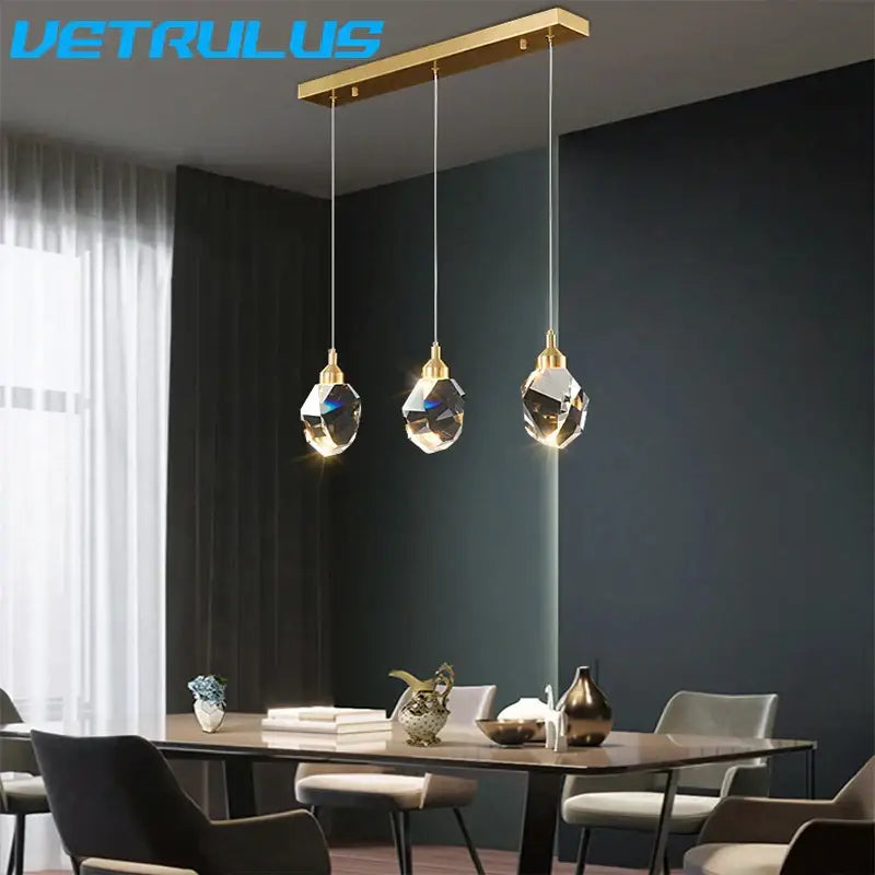 Brass Crystal 5-Head Rectangle LED Chandelier