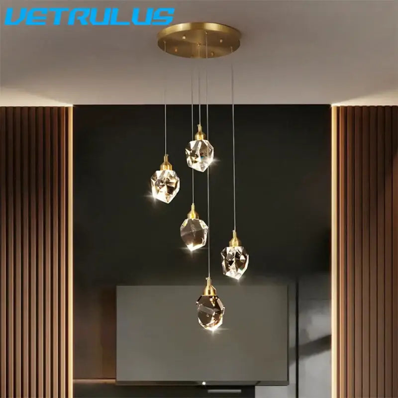 Brass Crystal 5-Head Rectangle LED Chandelier