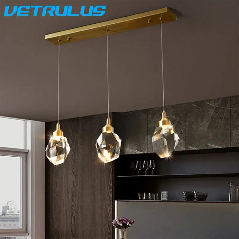 Brass Crystal 5-Head Rectangle LED Chandelier