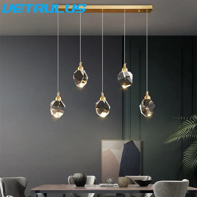 Brass Crystal 5-Head Rectangle LED Chandelier