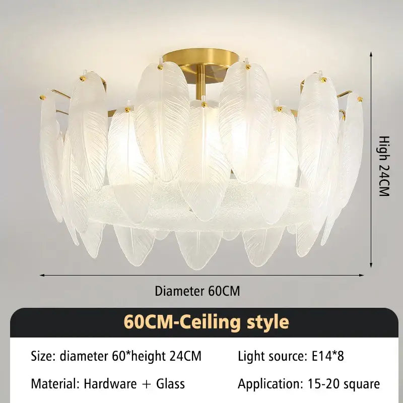 Glass Feather Brass Chandelier