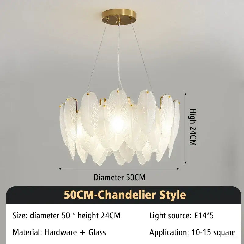 Glass Feather Brass Chandelier