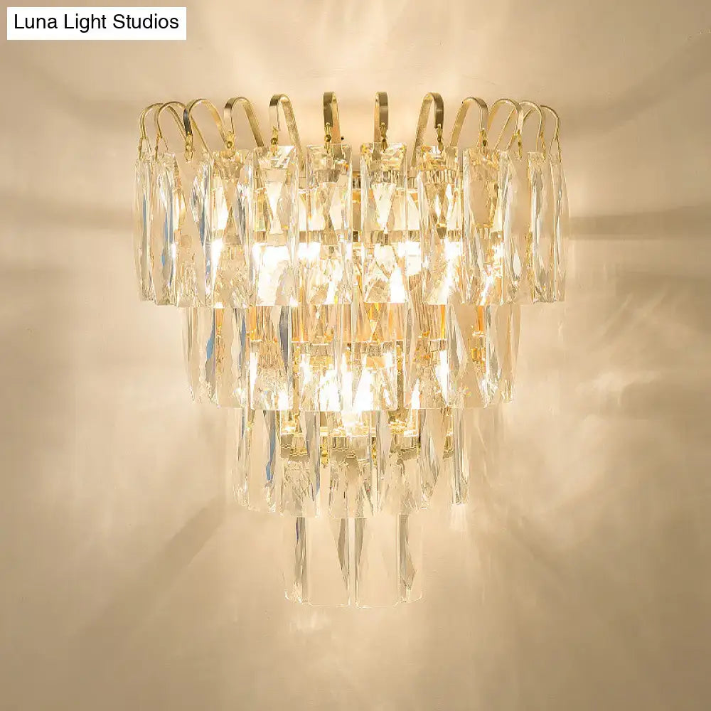 Gold Crystal Rectangle-Cut Three-Light Sconce