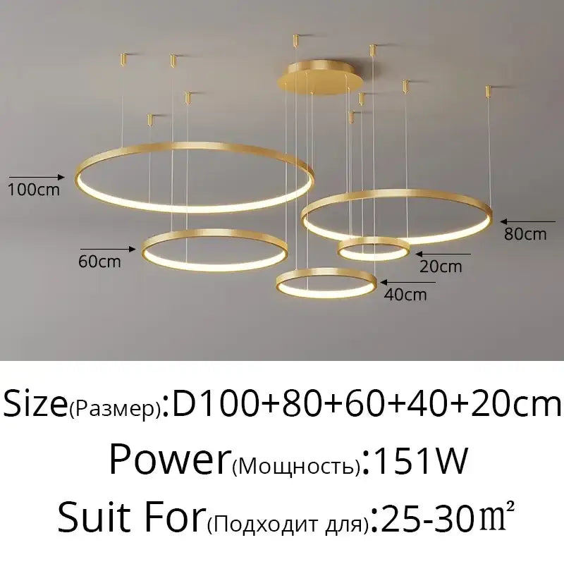 Gold LED 5-Ring Dimmable Chandelier
