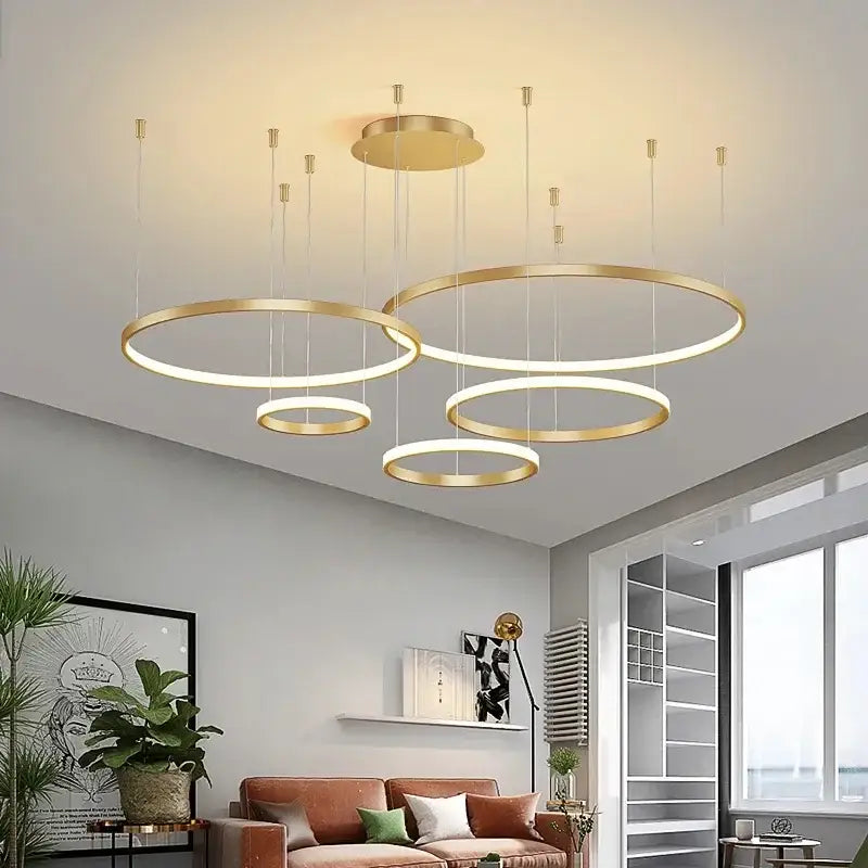 Gold LED 5-Ring Dimmable Chandelier