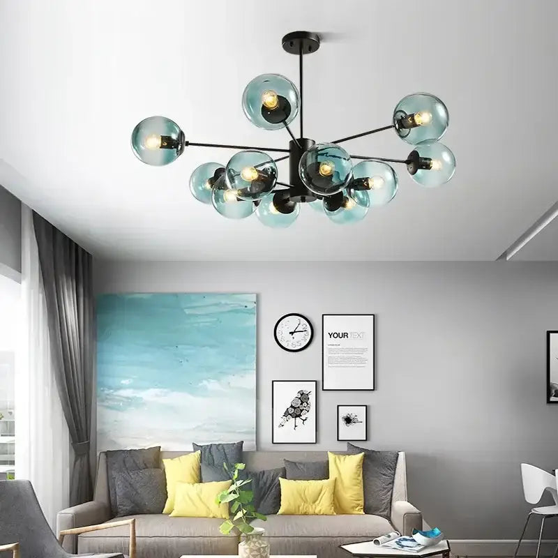 Gold Glass Ball Chandelier 12-Head Amber Glass