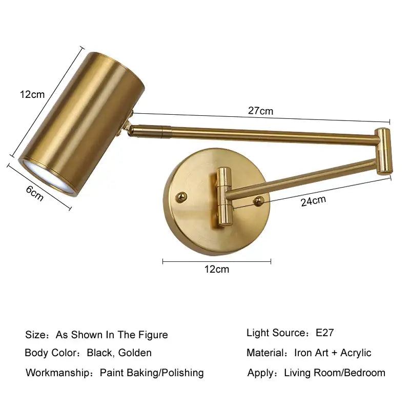 Gold Swing-Arm Adjustable Bedside Wall Lamp