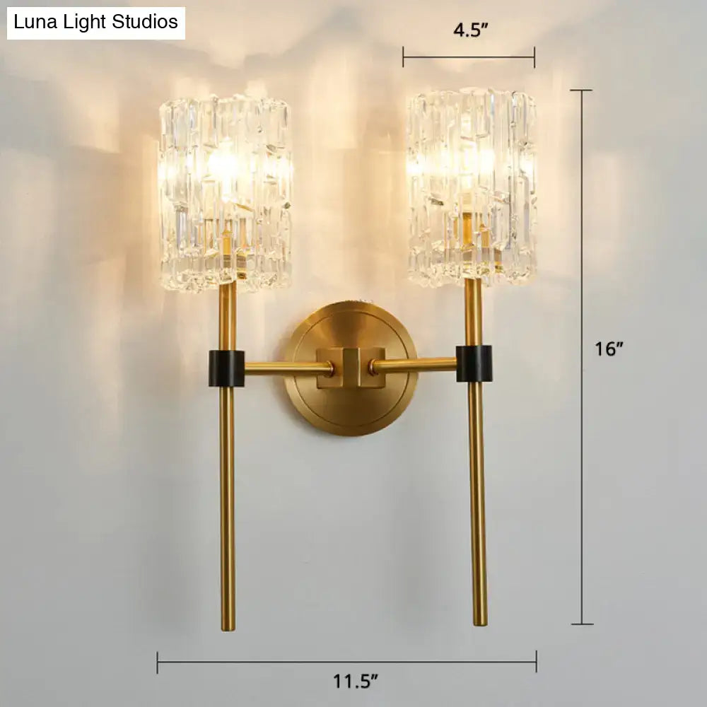 Gold Crystal Carved Glass Two-Light Wall Sconce