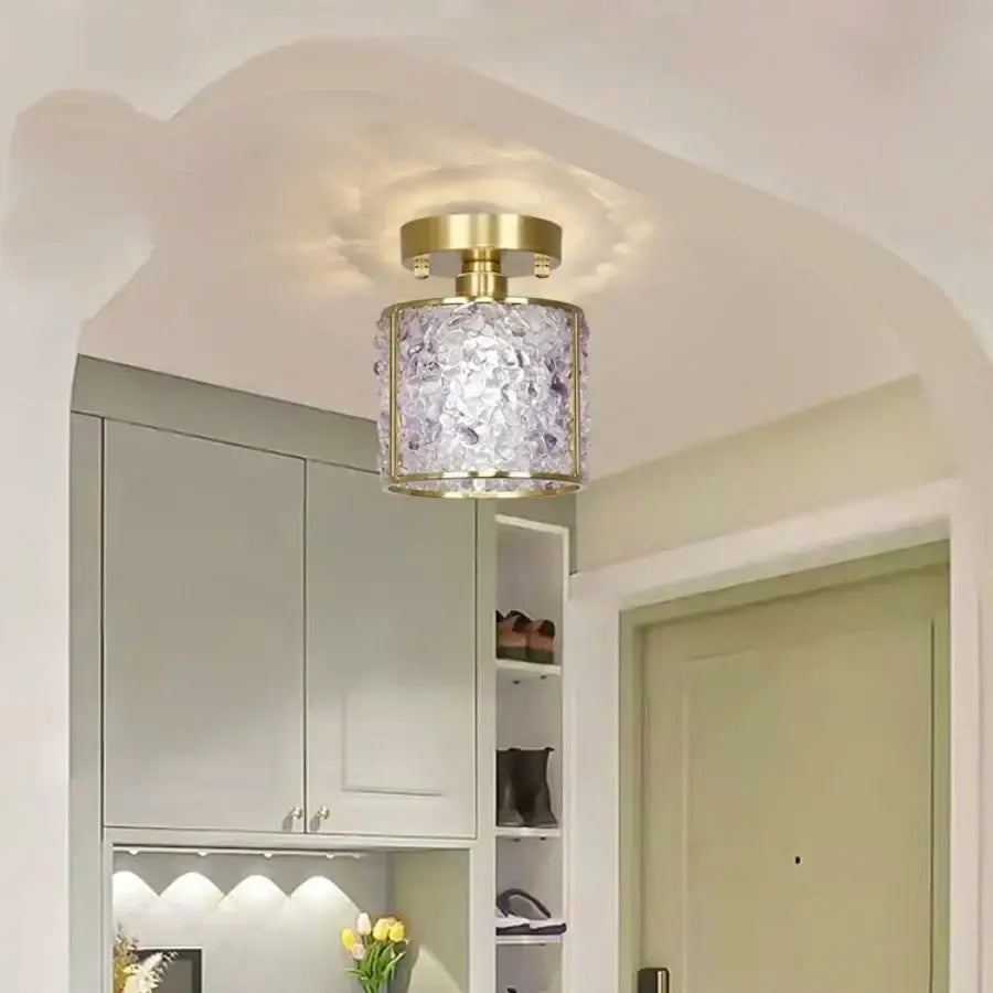 Gold Crystal Ceiling Light Pink Column Glass