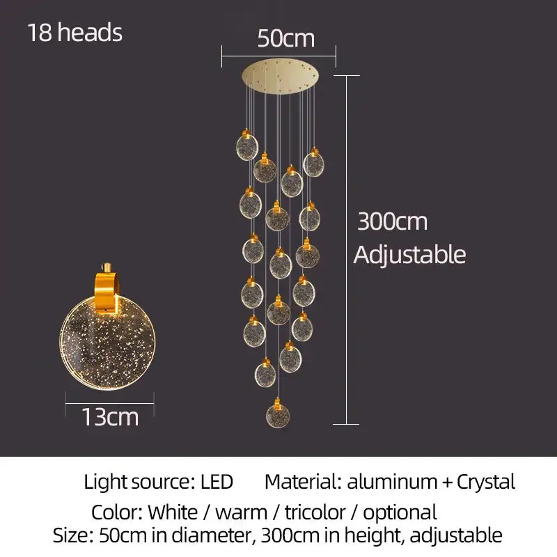 Gold Crystal Chandelier Light 18-Head Trichromatic