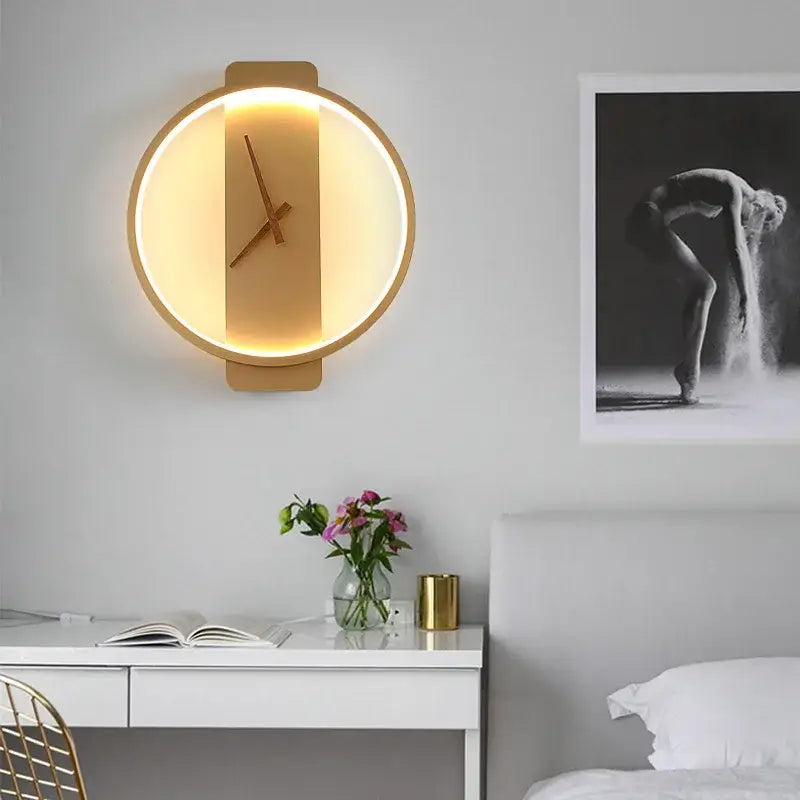 Gold LED Wall Lamp with Built-In Clock Feature