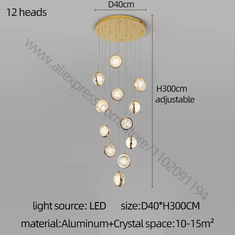 Gold Crystal Staircase Chandelier for Lofts and Hotels