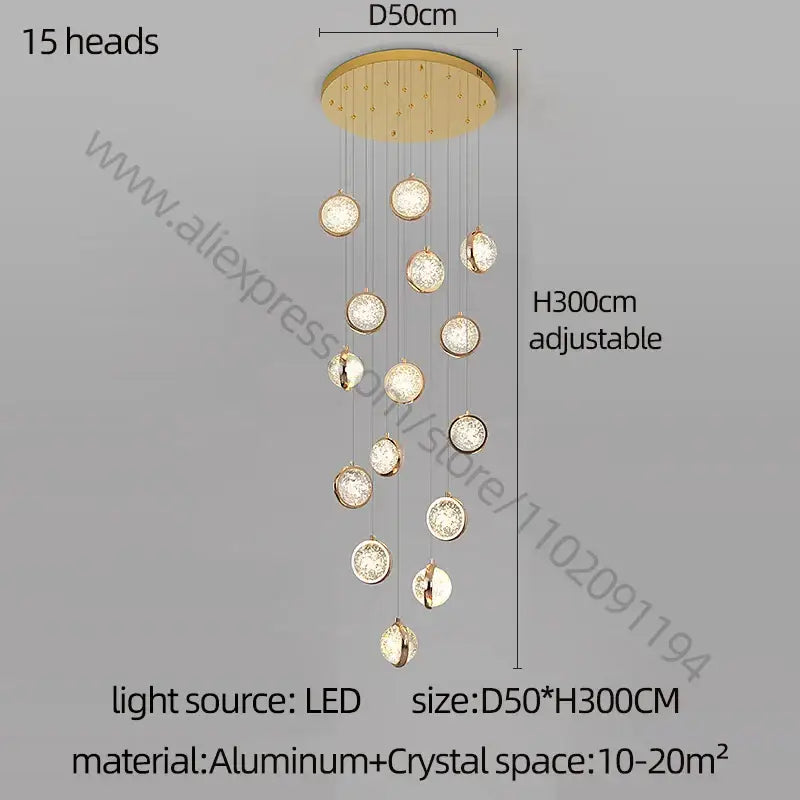 Gold Crystal Staircase Chandelier for Lofts and Hotels