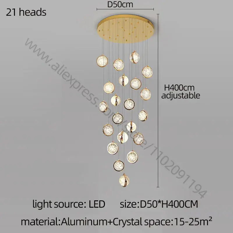 Gold Crystal Staircase Chandelier for Lofts and Hotels