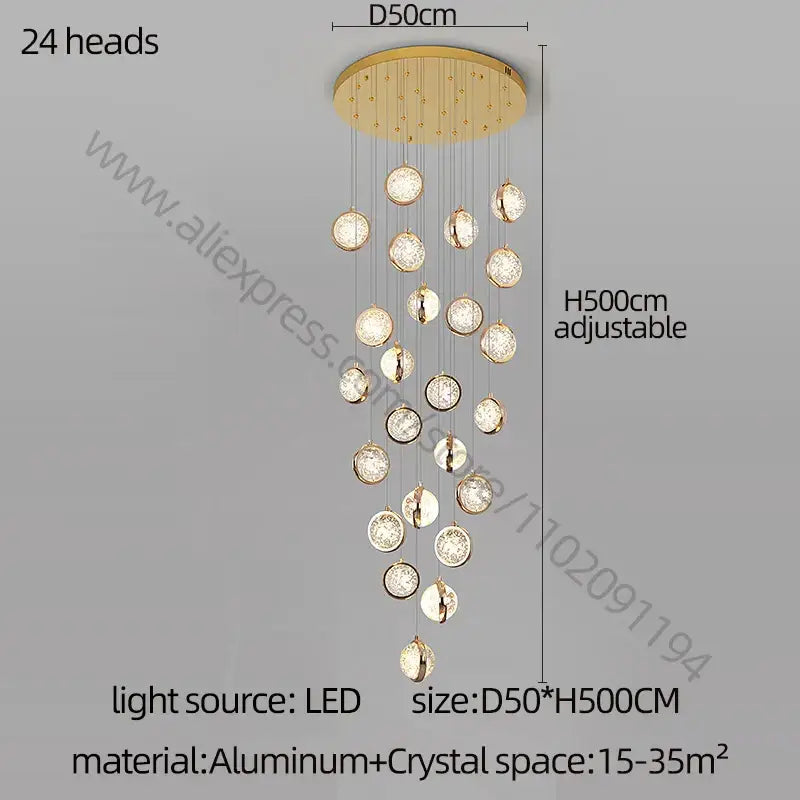Gold Crystal Staircase Chandelier for Lofts and Hotels