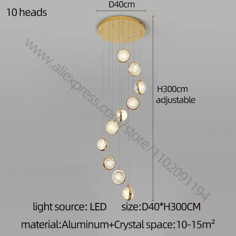 Gold Crystal Staircase Chandelier for Lofts and Hotels