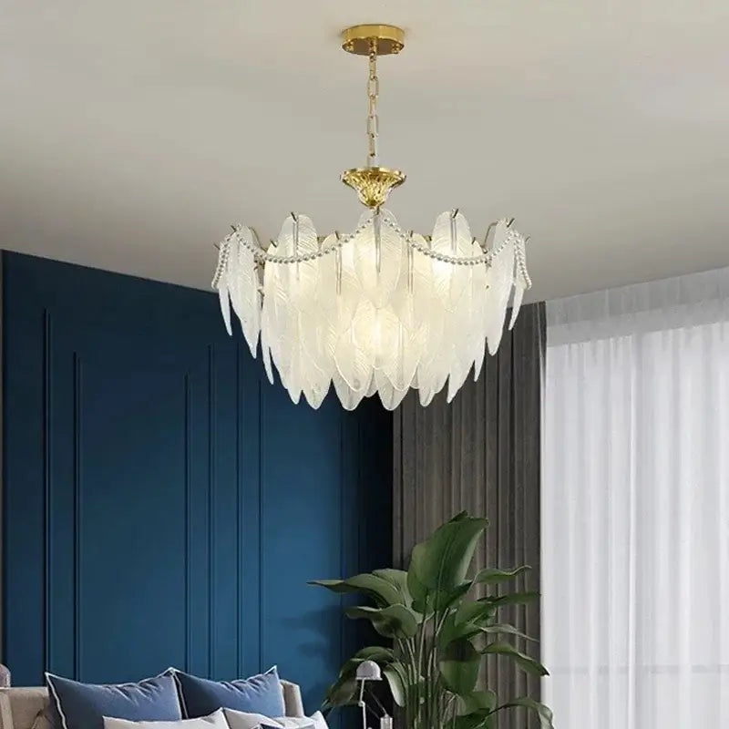 Gold Crystal Feather Chandelier Pearl Layered