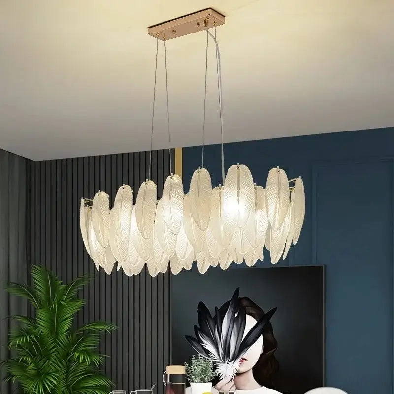 Gold Crystal Feather Chandelier Pearl Layered
