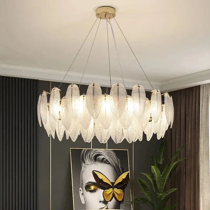 Gold Crystal Feather Chandelier Pearl Layered